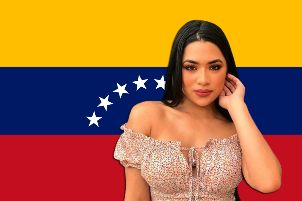 Frau aus Venezuela vor dem Hintergrund der Flagge von Venezuela