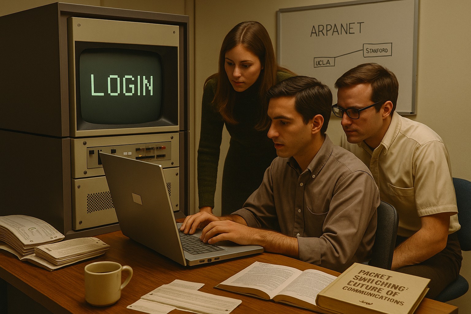 Ein Farbfoto aus dem Jahr 1969 zeigt drei junge amerikanische Forscher in einem Labor an der UCLA. Sie arbeiten angespannt an einem riesigen, alten Computerterminal mit Lochkarten und einem Bildschirm, auf dem gerade der Befehl „LOGIN“ erscheint. Im Hintergrund hängt eine einfache Skizze des ARPANET auf einer Tafel.
