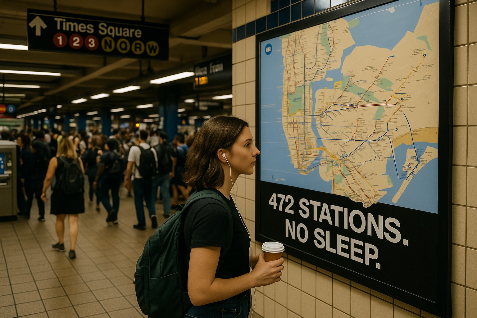 Eine junge Frau mit Rucksack und Kaffeebecher betrachtet konzentriert eine große U-Bahn-Karte in der New Yorker U-Bahnstation Times Square. Die Anzeigetafel darunter trägt den Slogan: „472 Stations. No Sleep.“ Im Hintergrund herrscht reges Pendleraufkommen.

