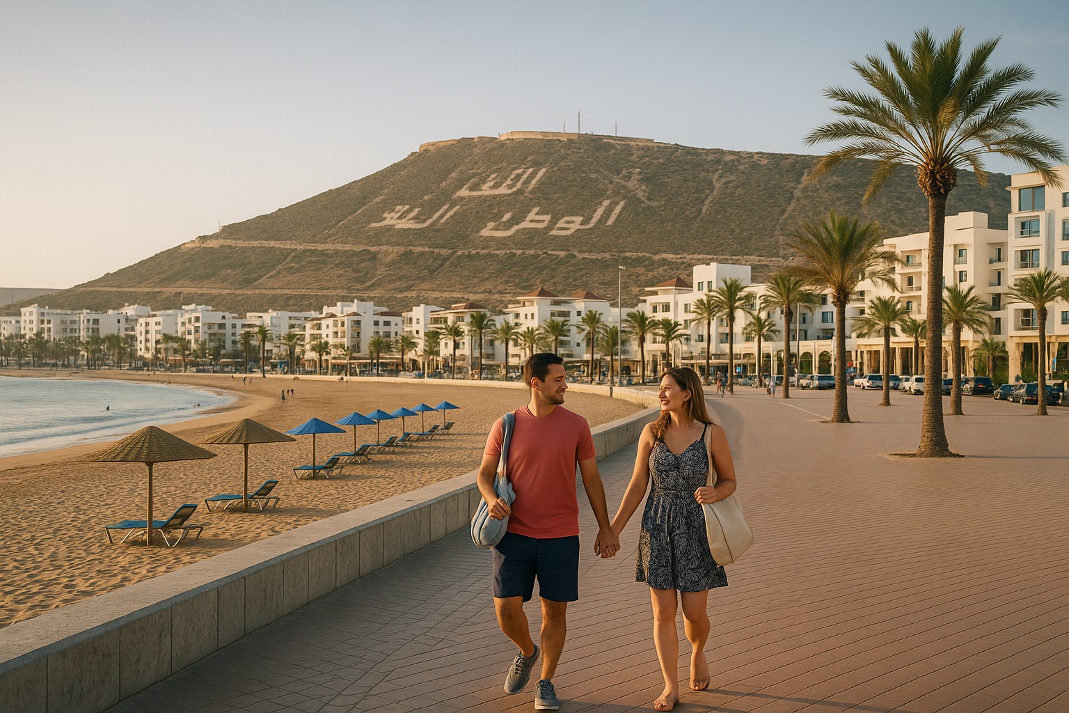 Ein Paar spaziert barfuß entlang der modernen Strandpromenade von Agadir, im Hintergrund das ruhige Meer, Palmenreihen, weiße Hotelgebäude und der ikonische Schriftzug „الله الوطن الملك“ am Hügel.
