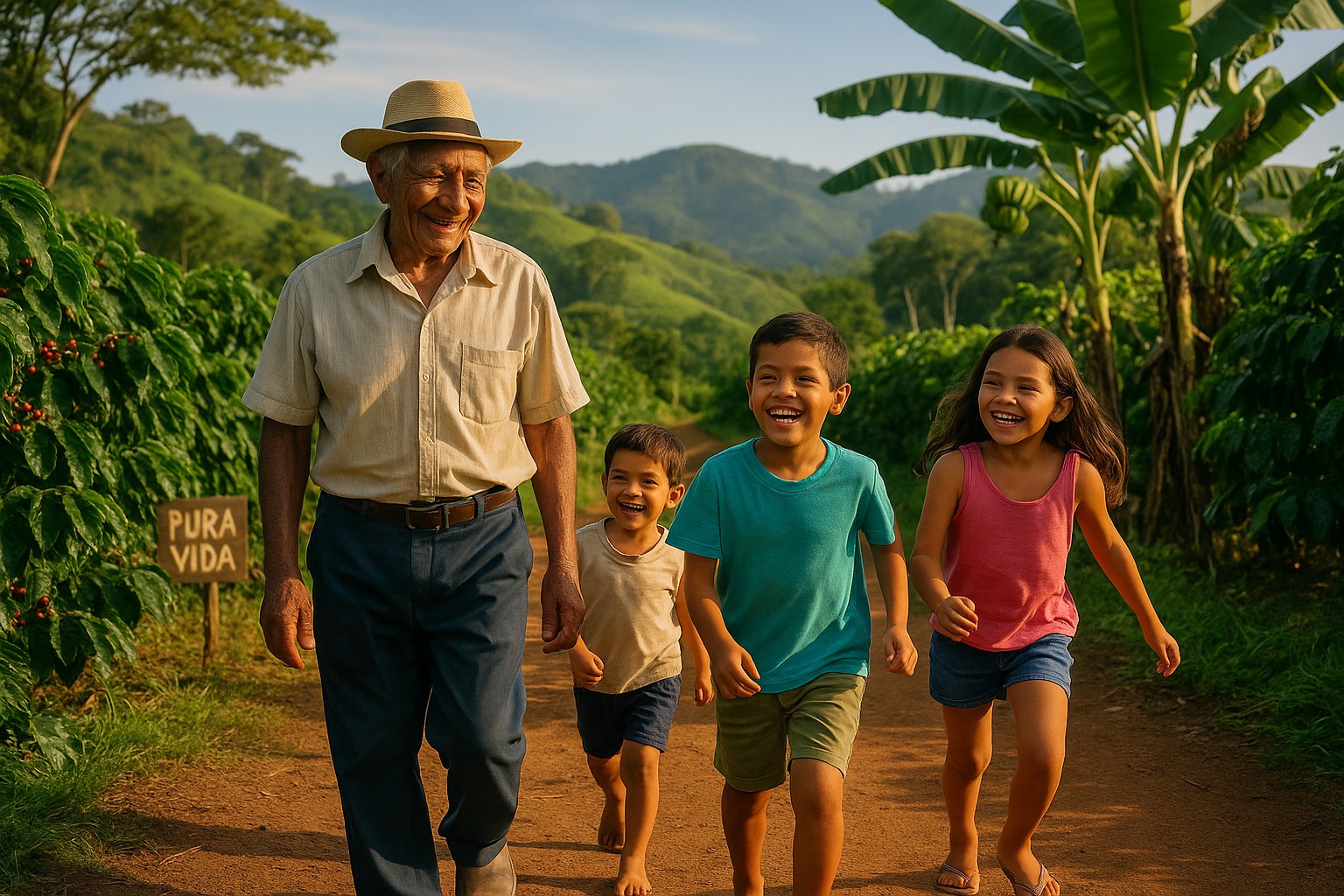 Eine idyllische Szene in Costa Rica mit einem älteren Mann und drei lachenden Kindern, die barfuß auf einem roten Erdweg zwischen Kaffeepflanzen und Bananenbäumen spazieren, im Hintergrund grüne Hügel und ein Schild mit der Aufschrift "Pura Vida".
