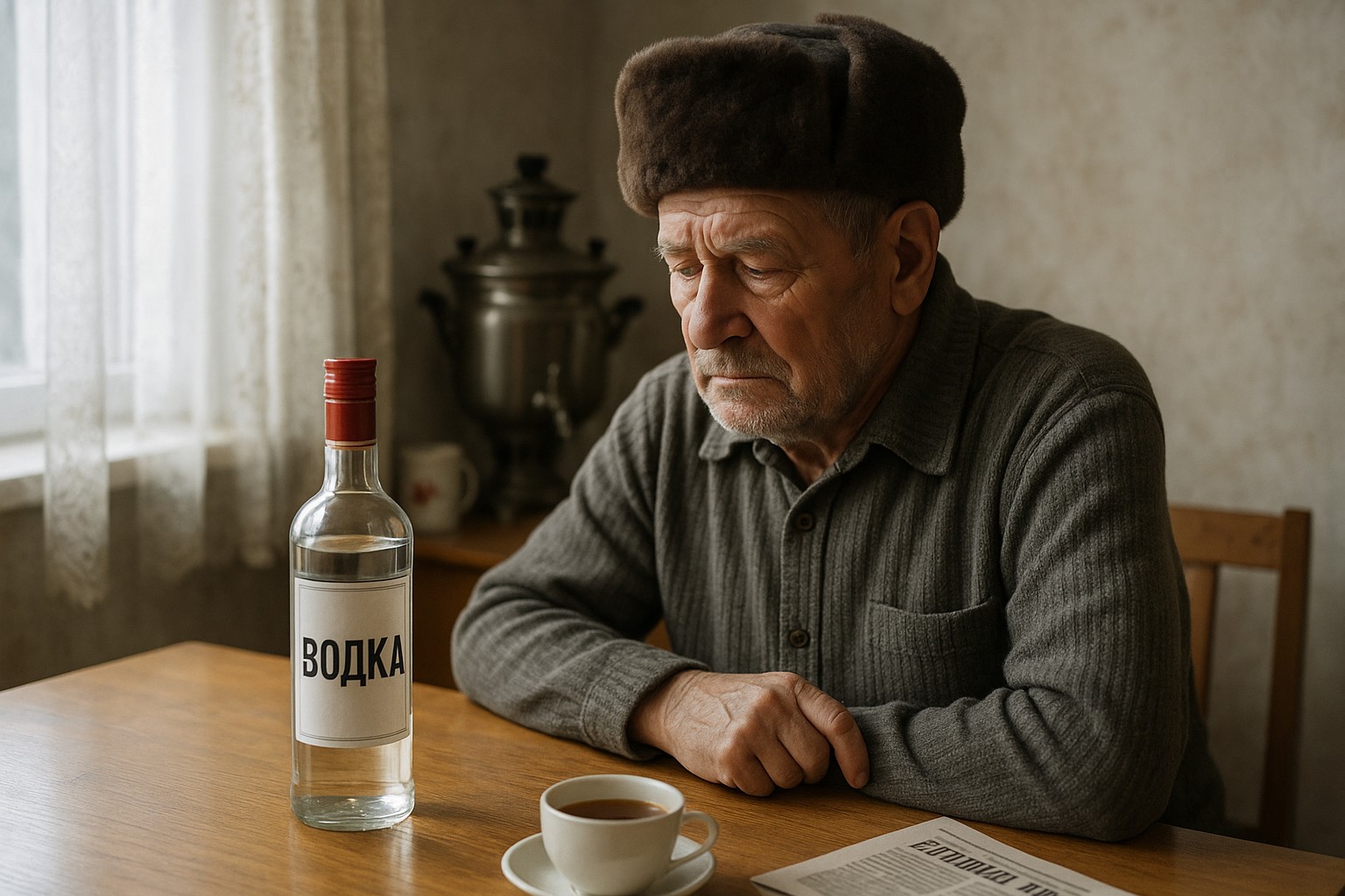 Ein älterer russischer Mann mit Ushanka-Hut sitzt nachdenklich an einem Holztisch, vor ihm steht eine verschlossene Wodkaflasche. Die Szene spielt sich in einer traditionellen russischen Küche mit natürlichem Tageslicht ab.
