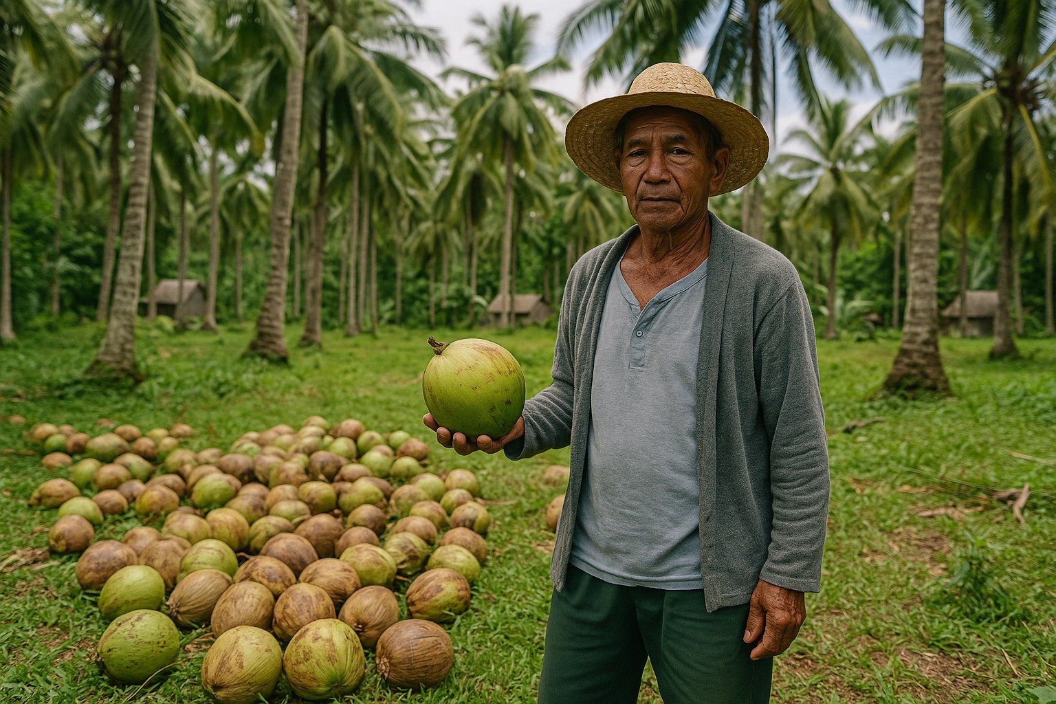 Ein philippinischer Kokosnussbauer steht tagsüber in einem üppigen Palmengarten, hält eine Kokosnuss in der Hand, während Dutzende weitere am Boden verteilt sind.
