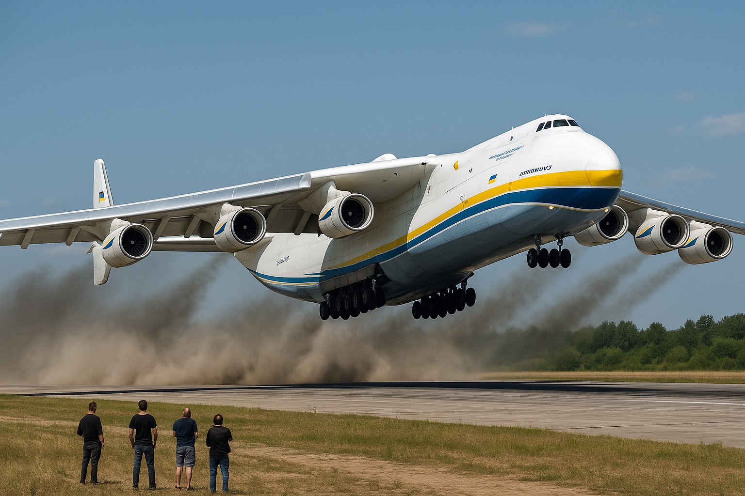 Ein realistisches Foto zeigt die Antonov An-225 „Mrija“ beim Abheben vom Flughafen Hostomel bei Kyjiw. Die sechs Triebwerke erzeugen eine Staubwolke hinter dem Flugzeug, während mehrere Zuschauer am Boden die Szene beobachten.
