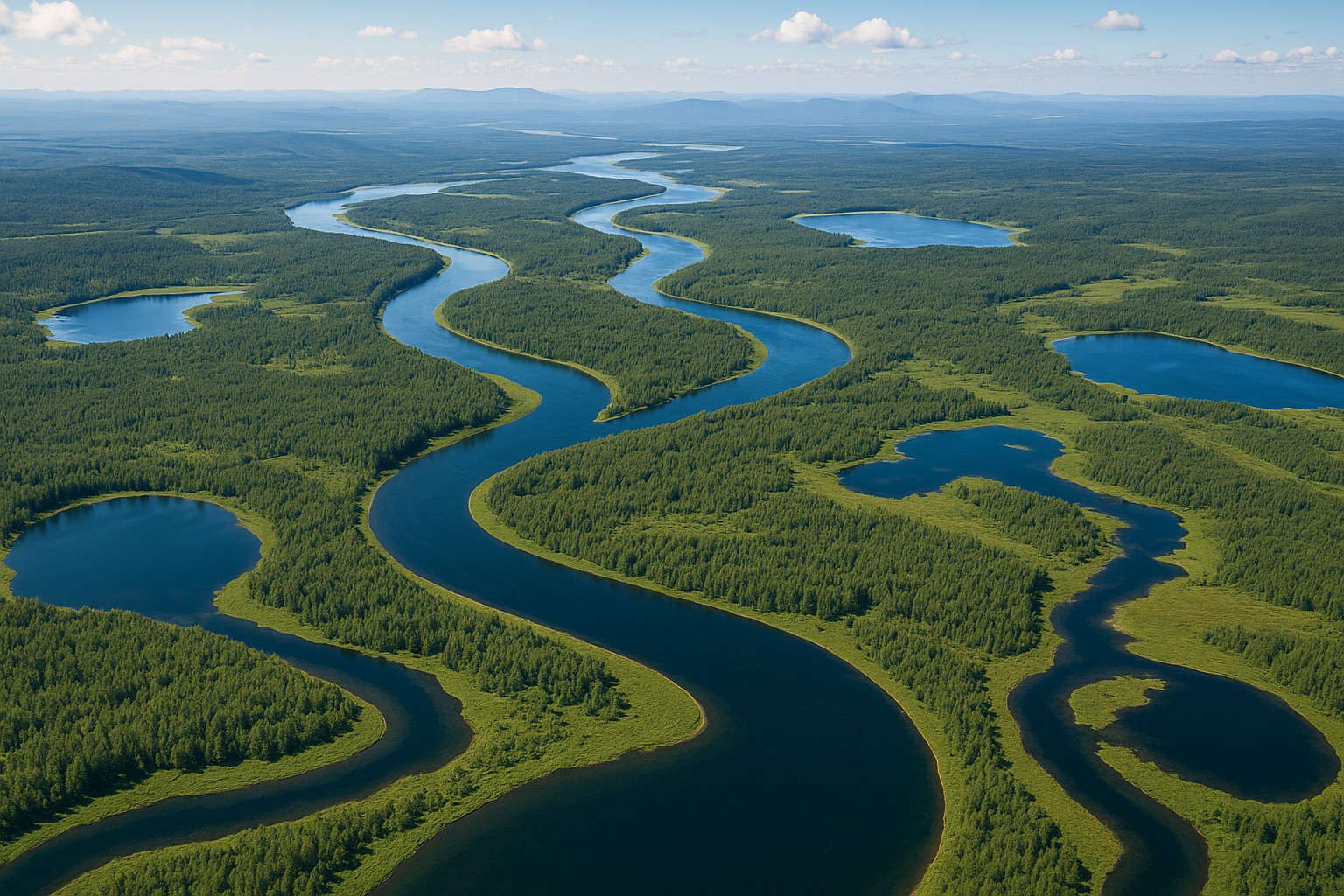 Luftaufnahme von gewundenen Flüssen und verstreuten Seen inmitten dichter grüner Taiga-Wälder in Sibirien, mit sanften Hügeln und klarer Sommeratmosphäre.
