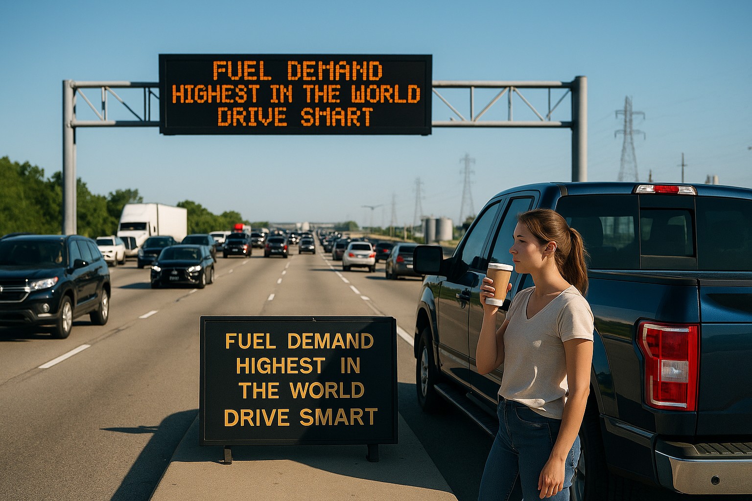Eine junge Amerikanerin mit einem Kaffeebecher steht neben einem großen blauen Pickup am Rande einer vielbefahrenen Interstate. Im Hintergrund warnt eine elektronische Anzeigetafel: „Fuel demand highest in the world – drive smart“. Der Verkehr ist dicht, mit vielen SUVs und Trucks.
