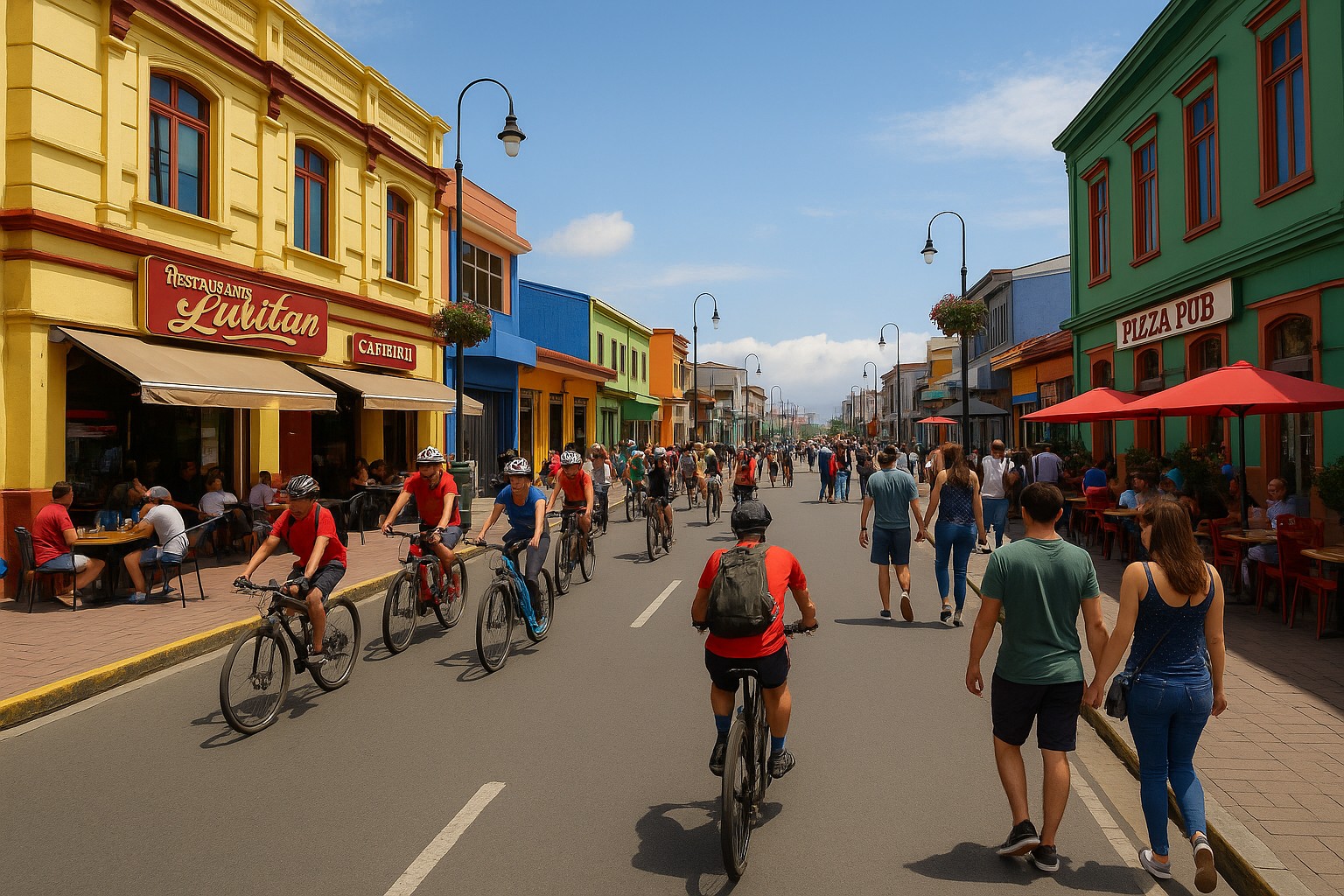 Eine belebte, autofreie Straße in Cartago, Costa Rica, voller Fußgänger und Radfahrer, flankiert von bunten Gebäuden mit Cafés und Restaurants unter sonnigem Himmel.

