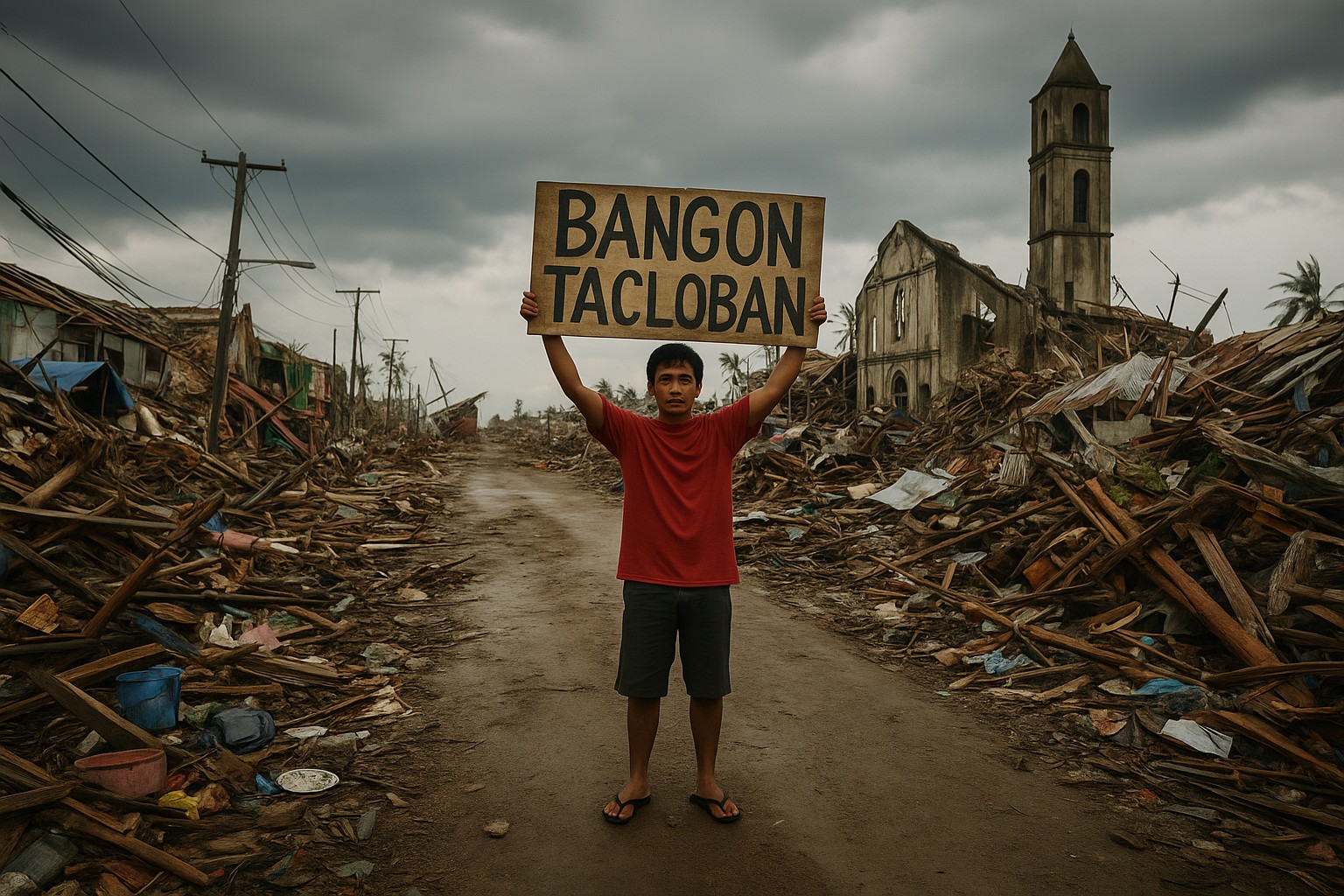 Zerstörte Straße in Tacloban nach Taifun Haiyan: Ein Mann in rotem Shirt hält ein Pappschild „BANGON TACLOBAN“ („Erhebe dich, Tacloban“) hoch; Trümmerberge und die Ruine einer Kirche rahmen die Szene unter dunklen Sturmwolken.
