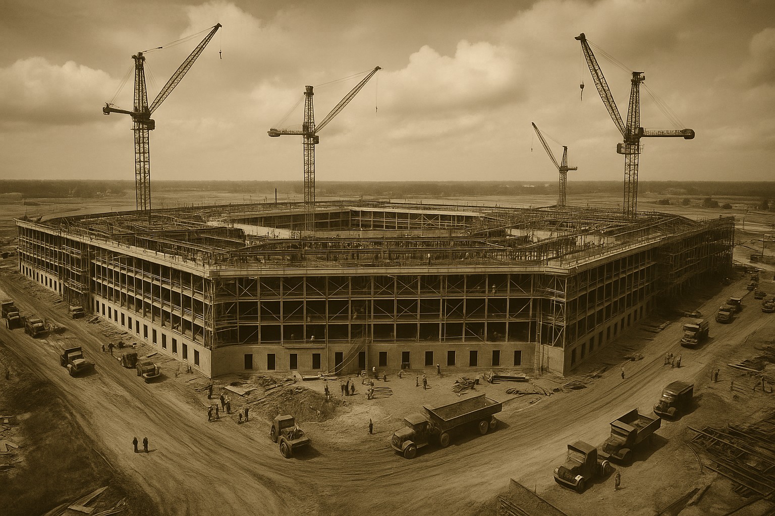 Eine sepiafarbene historische Luftaufnahme zeigt den Pentagon im Bau während der 1940er Jahre mit Baukränen, Lastwagen und Arbeitern auf einer staubigen Baustelle.
