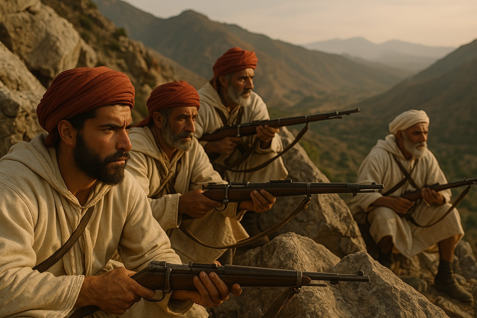 Vier Berber-Krieger in traditioneller Kleidung mit roten Turbanen kauern bewaffnet in einer felsigen Gebirgslandschaft, während die Abendsonne auf ihre Gesichter scheint.
