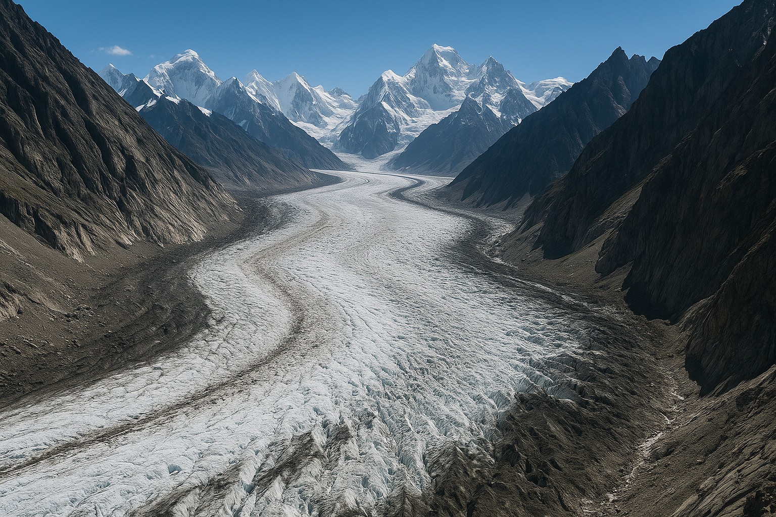 Ein hochauflösendes Foto zeigt den Biafo-Gletscher im Karakorum-Gebirge in Pakistan, eingebettet zwischen schroffen, schneebedeckten Berggipfeln und dunklen Moränenrändern.
