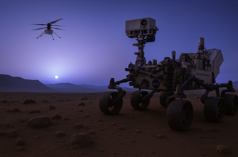 Perseverance-Rover im Vordergrund unter blau-violettem Mars-Sonnenuntergang; Ingenuity-Helikopter schwebt im Himmel, rötliche Felsen und Berge im Hintergrund.
