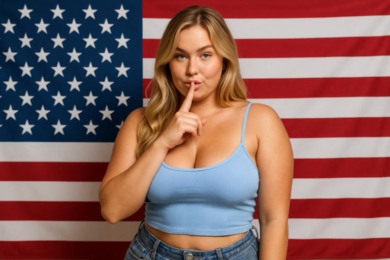 Fotorealistisches Porträt einer kurvigen, blonden Amerikanerin im hellblauen Crop-Top vor der US-Flagge; sie legt verspielt den Zeigefinger an die Lippen.