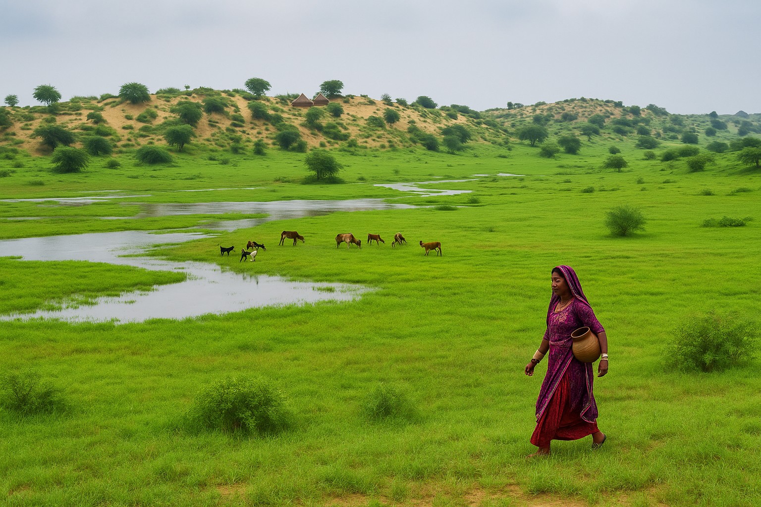 Eine Frau in traditioneller Kleidung geht durch die grüne Landschaft der Thar-Wüste in Pakistan nach der Monsunzeit, mit weidenden Kühen und Ziegen im Hintergrund.
