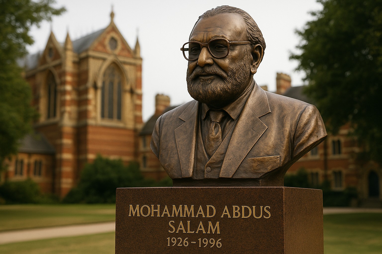 Eine hochauflösende Fotografie zeigt eine bronzene Büste des pakistanischen Physikers Mohammad Abdus Salam (1926–1996), auf einem dunklen Sockel mit goldener Inschrift, im Garten des Keble College in Oxford.
