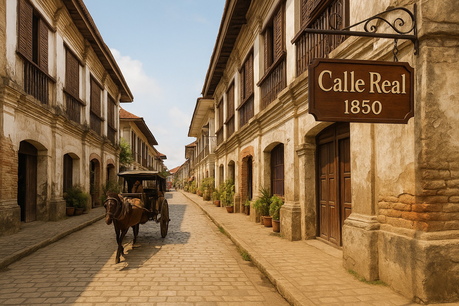 Spanisch-kolonialer Kopfsteinpflasterweg in Vigan, gesäumt von Häusern mit Holzjalousien und Balkonen; rechts ein Holzschild „Calle Real 1850“ (Spanisch „königliche Straße 1850“), links fährt eine Kalesa (Pferdekutsche).

