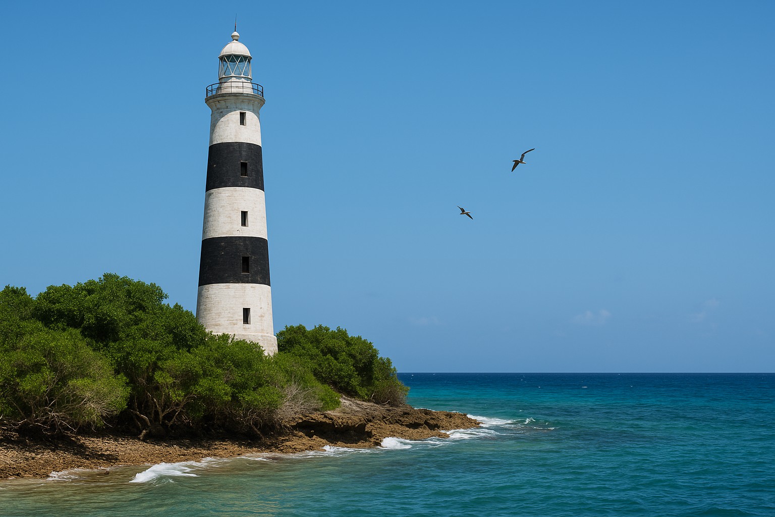 Der historische Leuchtturm von Chumbe Island ragt über die Küste Sansibars, umgeben von Mangroven und dem türkisblauen Meer.
