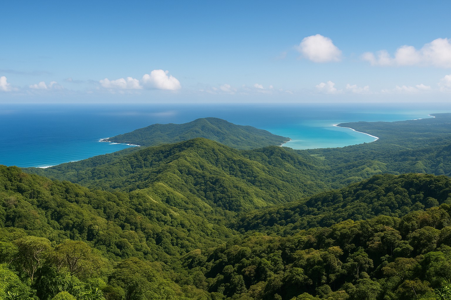 Blick von oben auf dichte tropische Regenwälder in Costa Rica, mit zwei Ozeanen – dem Pazifik und der Karibik – am Horizont, unter klarem, sonnigem Himmel.

