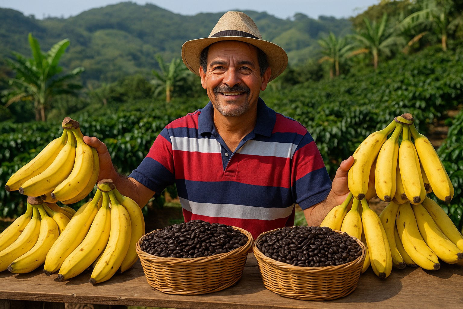 Ein hochauflösendes Foto zeigt einen mittelalten Mann aus Costa Rica mit hellbrauner Haut, der hinter einem rustikalen Holzstand steht, auf dem reife gelbe Bananen und geflochtene Körbe voller dunkel gerösteter Kaffeebohnen liegen. Im Hintergrund sind grüne Hügel mit Kaffeeplantagen und Bananenbäumen zu sehen.

