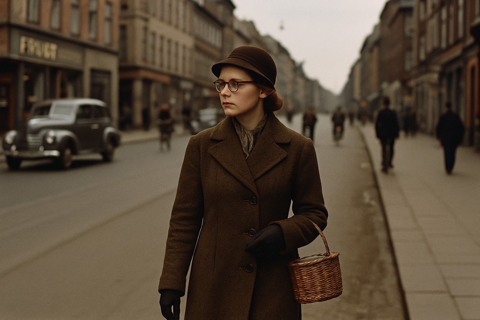 Ein Farbfoto aus den 1940er Jahren zeigt eine junge dänische Frau mit hellem Teint, braunem Mantel und passendem Hut, wie sie nachdenklich eine ruhige Straße in Kopenhagen entlanggeht. Die Szene vermittelt eine ruhige, historische Stimmung mit alten Autos und Fahrrädern im Hintergrund.

