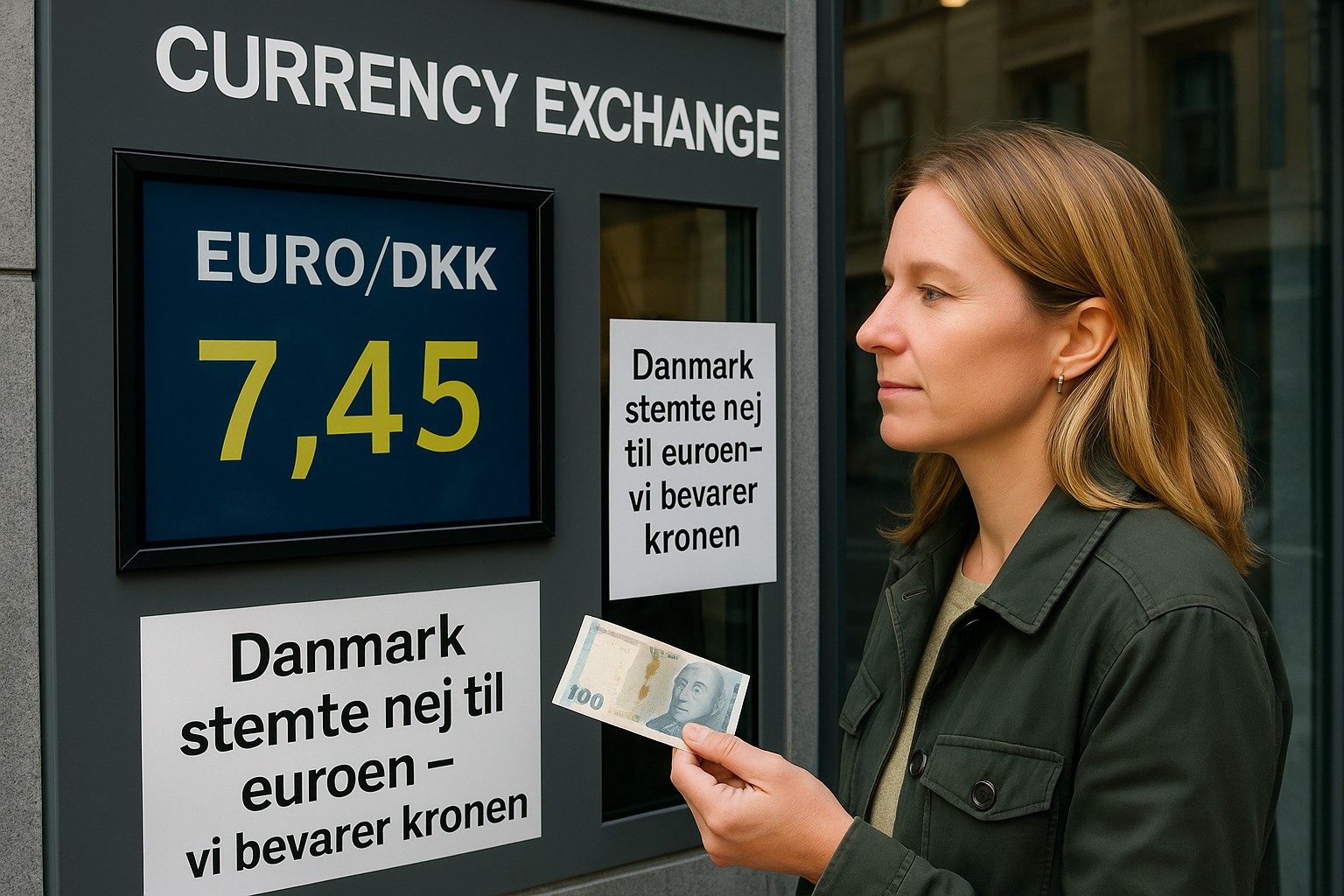 Eine dänische Frau mittleren Alters betrachtet den Wechselkurs an einem Schalter für Devisenwechsel in Kopenhagen. Sie hält einen 100-Kronen-Schein in der Hand. Ein Schild zeigt: „Danmark stemte nej til euroen – vi bevarer kronen“.
