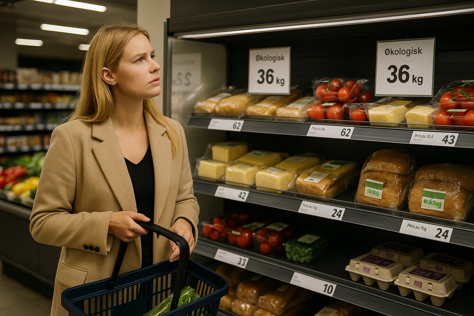 Eine junge blonde Frau mit hellem Teint steht in einem dänischen Supermarkt vor einem gut gefüllten Regal mit Bio-Lebensmitteln. Sie trägt einen beigen Mantel und hält einen blauen Einkaufskorb mit frischem Gemüse, während sie aufmerksam die Preisschilder über dem Brot betrachtet.

