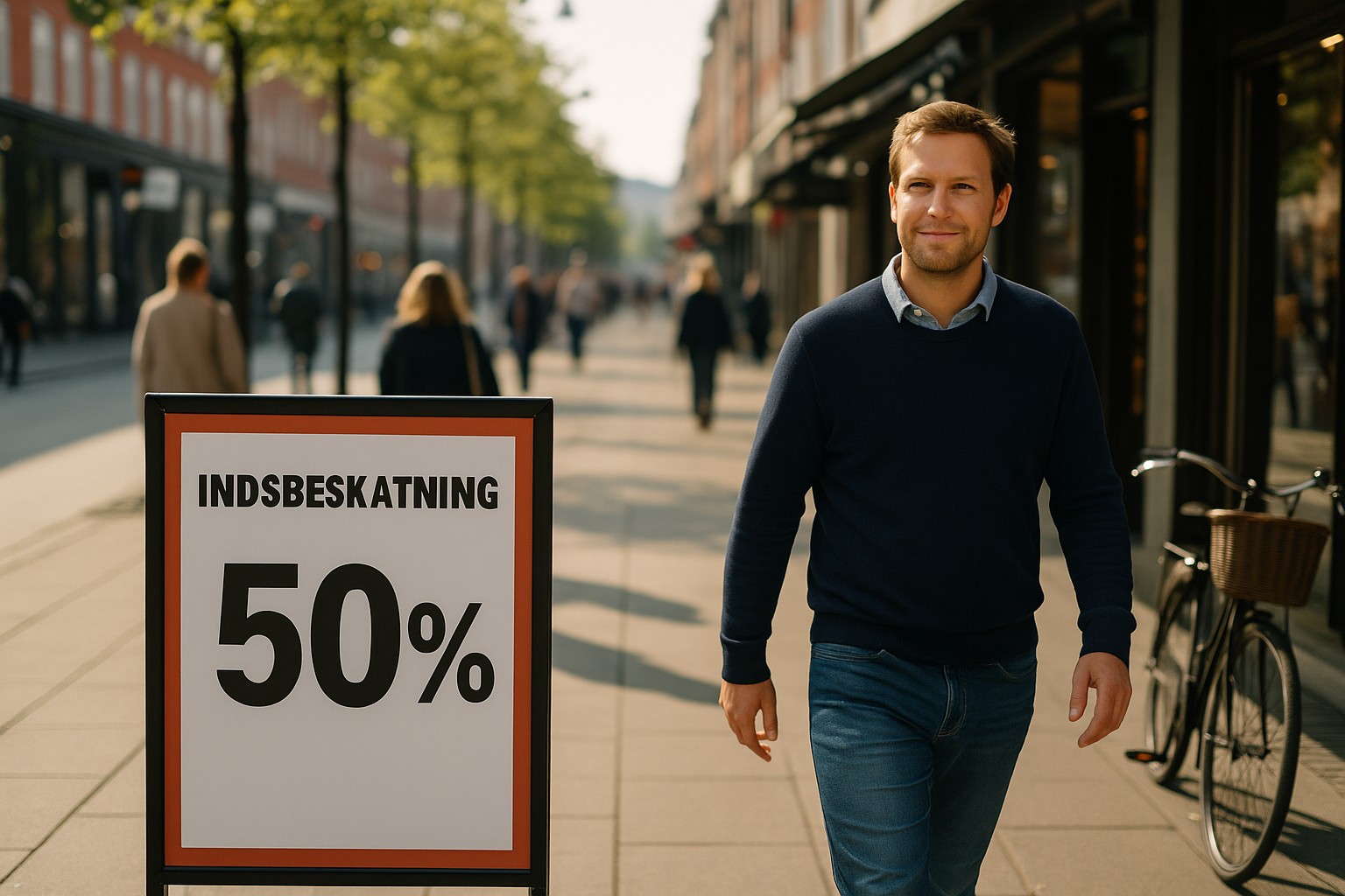 Ein sonniger Nachmittag in einer dänischen Einkaufsstraße mit einem großen Schild im Vordergrund, das "INDSBESKATNING 50%" zeigt. Im Hintergrund geht ein lächelnder Mann in Freizeitkleidung an Geschäften und Passanten vorbei.
