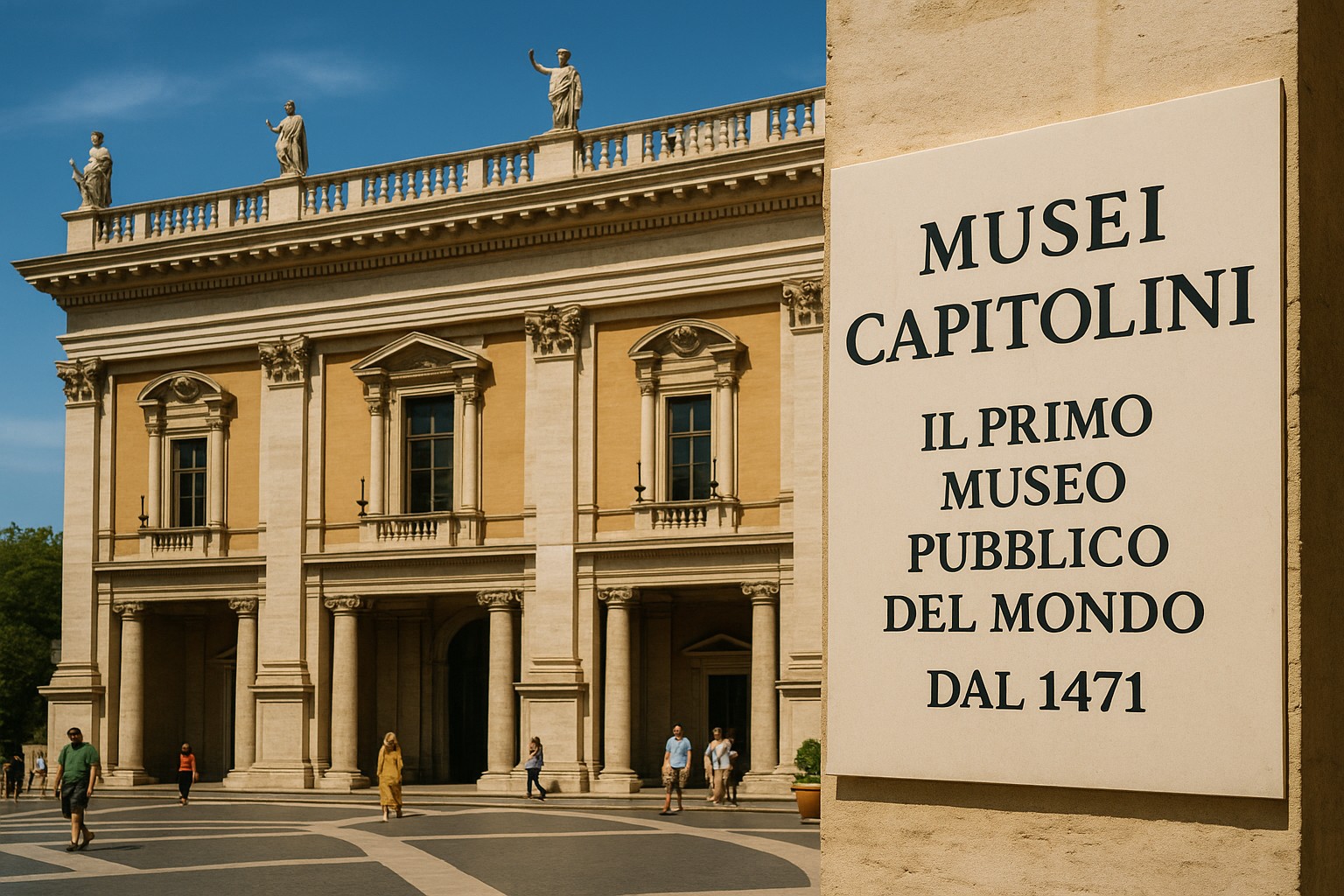 Eingang des Kapitolinischen Museums in Rom mit Schild „Musei Capitolini – Il primo museo pubblico del mondo dal 1471“.
