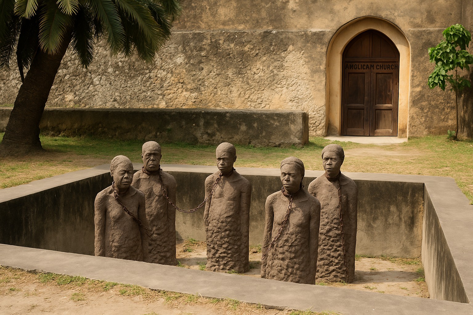 Ein Mahnmal für die Opfer der Sklaverei in Stone Town, Sansibar: Fünf lebensgroße Statuen in einem abgesenkten Bereich, mit Eisenketten um ihre Hälse, vor einer alten Kirchenmauer.
