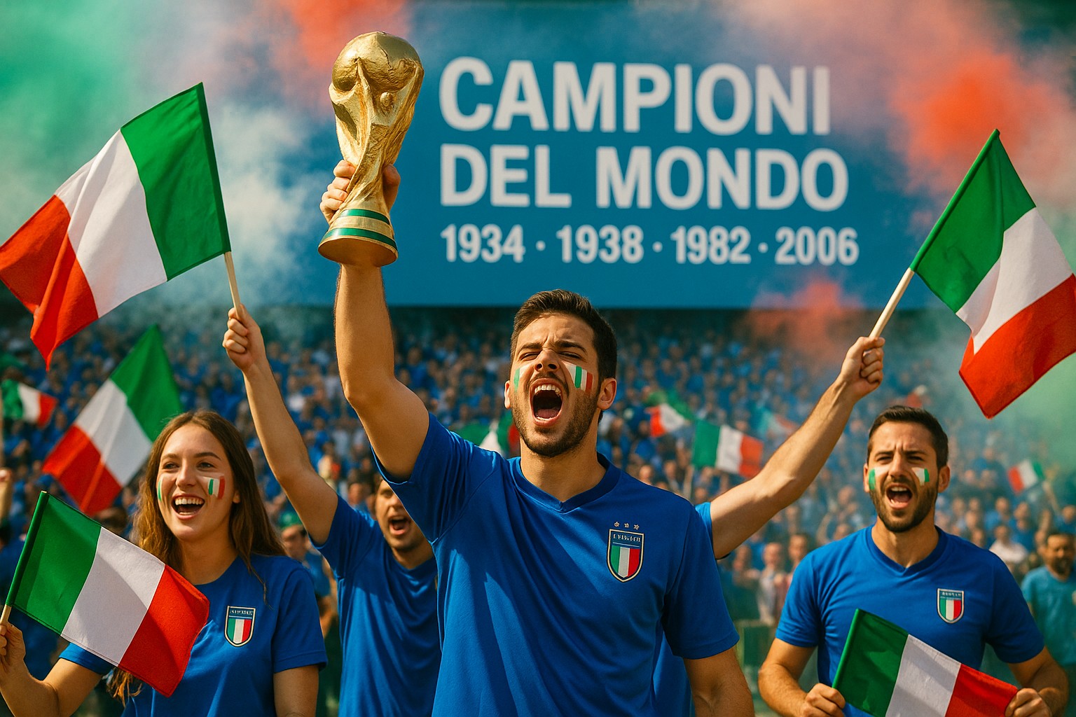 Italienische Fußballfans feiern mit Fahnen und Weltpokal vor dem Banner „Campioni del Mondo – 1934, 1938, 1982, 2006“.
