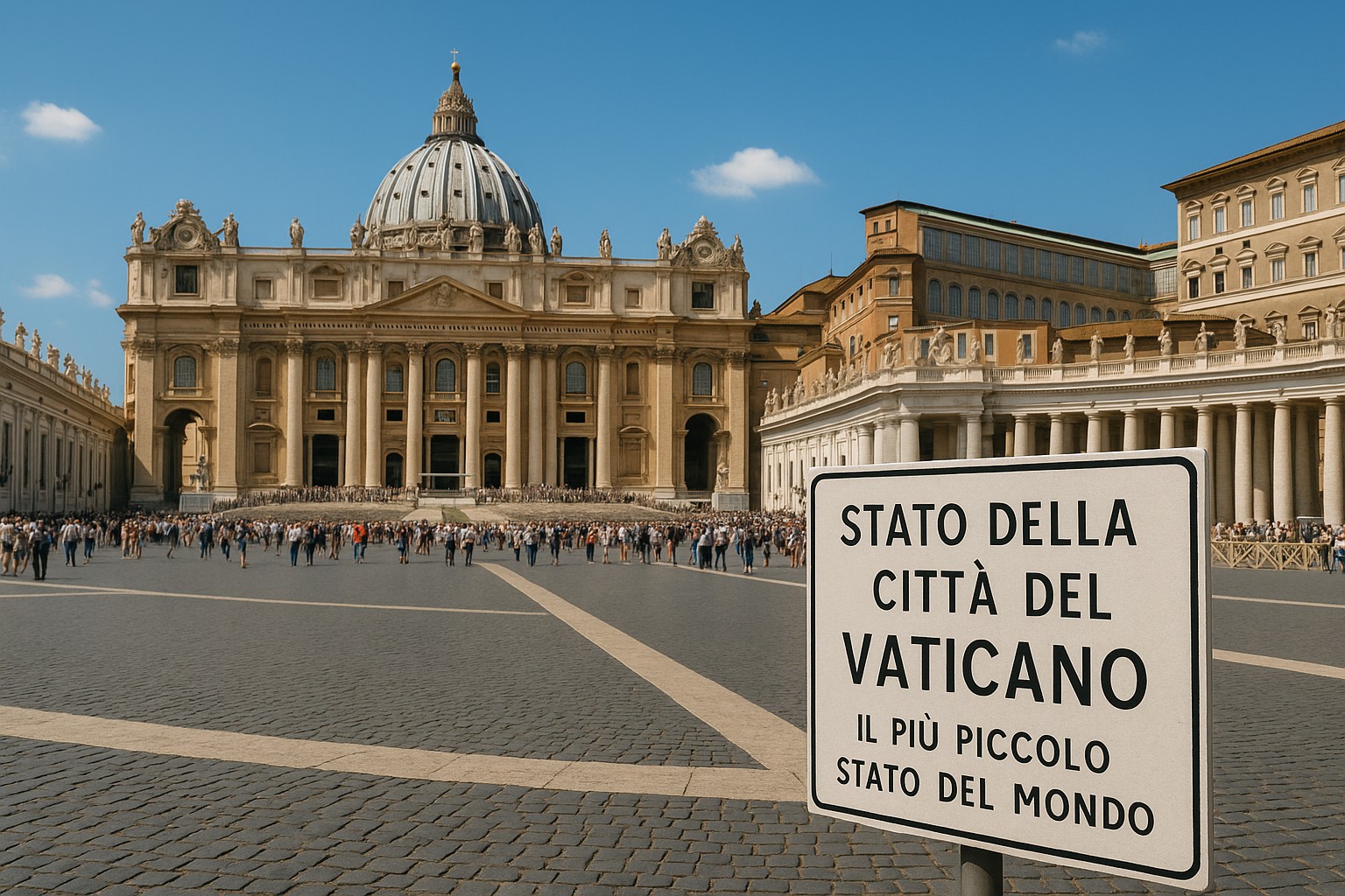 Petersplatz mit dem Petersdom und einem Schild „Stato della Città del Vaticano – il più piccolo stato del mondo“ im Vordergrund.
