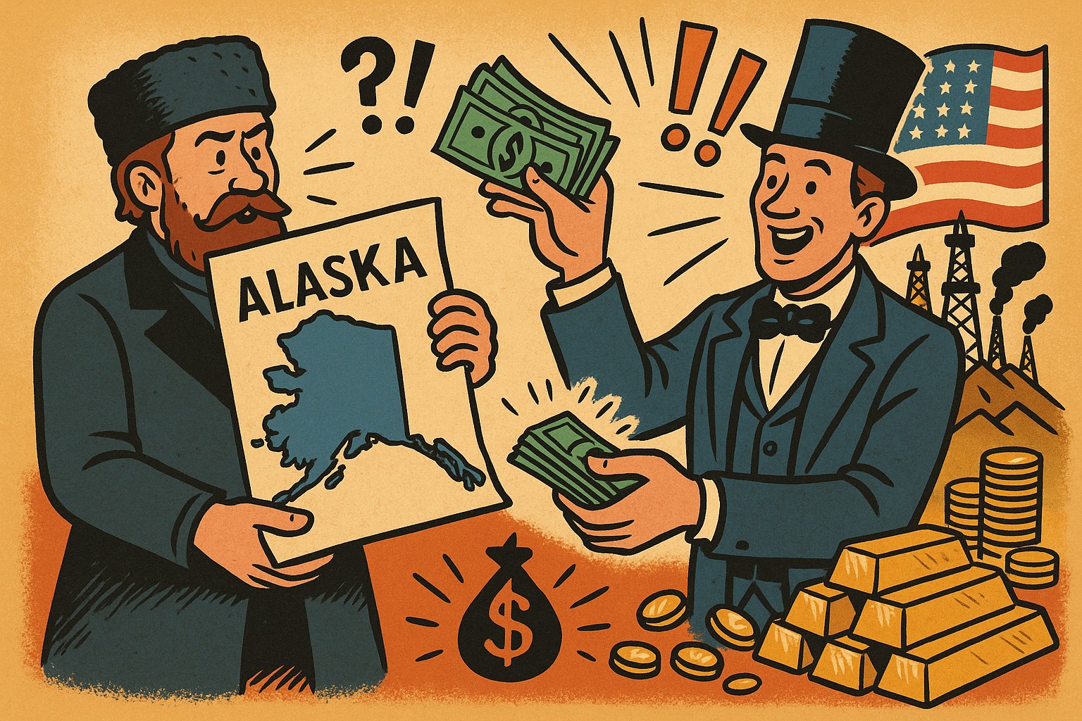 Eine bunte, satirische Illustration zeigt einen verwirrten russischen Diplomaten, der eine mit „ALASKA“ beschriftete Karte an einen lächelnden Amerikaner mit Zylinder übergibt, umgeben von Öltürmen, Goldbarren und Dollarsymbolen.
