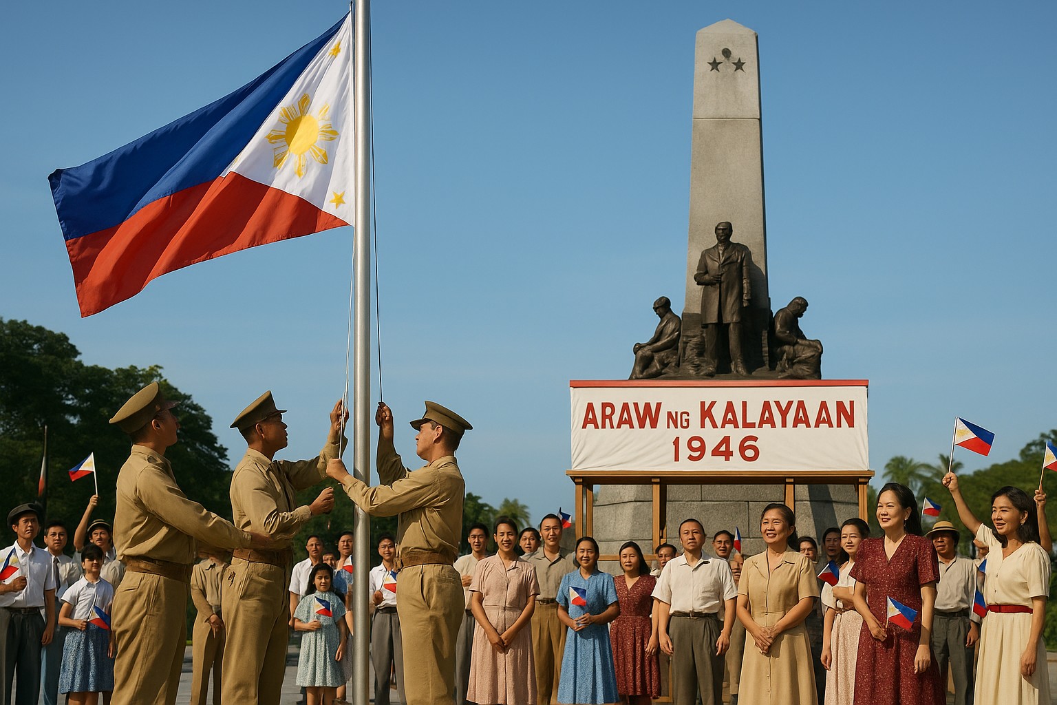 Historische Reenactment-Szene im Rizal Park, Manila: Drei philippinische Soldaten in Uniformen von 1946 hissen feierlich die Nationalflagge vor dem Rizal-Denkmal; ein Tagalog-Banner „ARAW NG KALAYAAN 1946“ und jubelnde Zuschauer rahmen den Moment.
