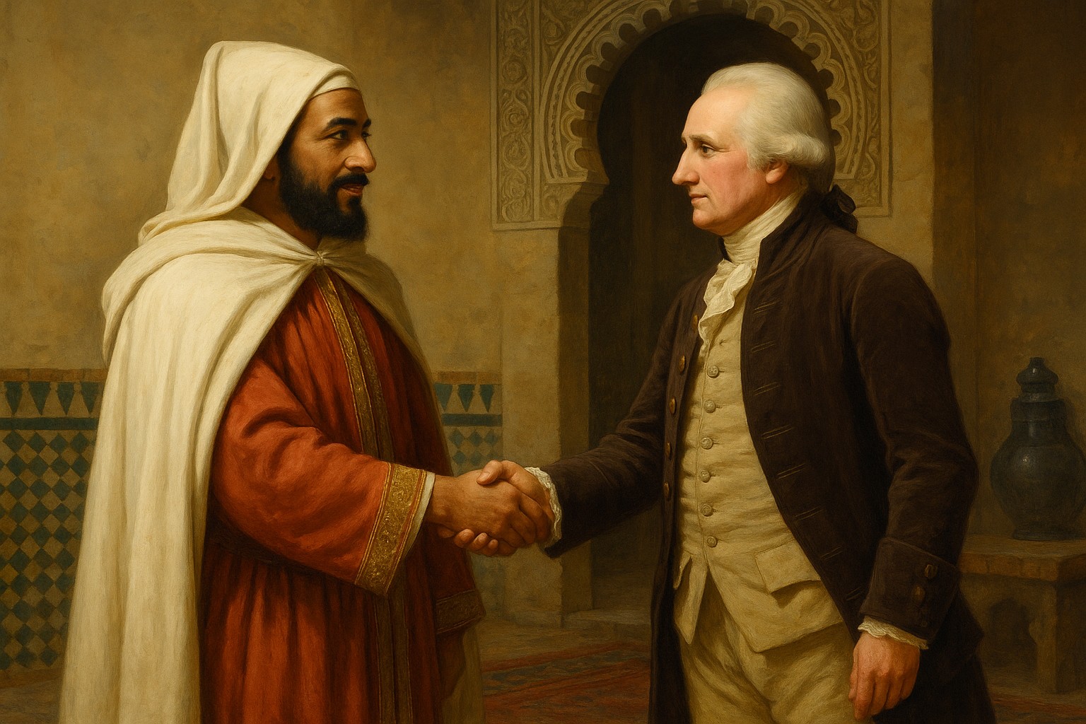 Ein realistisches Ölgemälde zeigt ein diplomatisches Treffen zwischen einem marokkanischen Sultan in traditioneller Kleidung und einem amerikanischen Gesandten des 18. Jahrhunderts. Sie geben sich die Hand in einem Raum mit islamischer Architektur und verzierten Kacheln.

