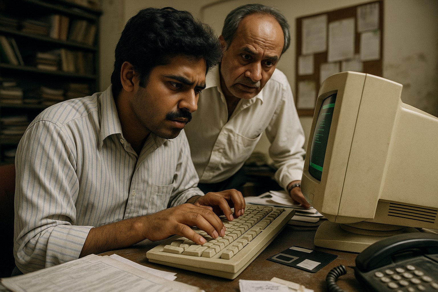 Zwei südasiatische Männer arbeiten gemeinsam an einem alten Computer in einem überfüllten Büro voller Papiere, Disketten und Kabel. Der jüngere tippt konzentriert auf einer beigen Tastatur, während der ältere über seine Schulter blickt.
