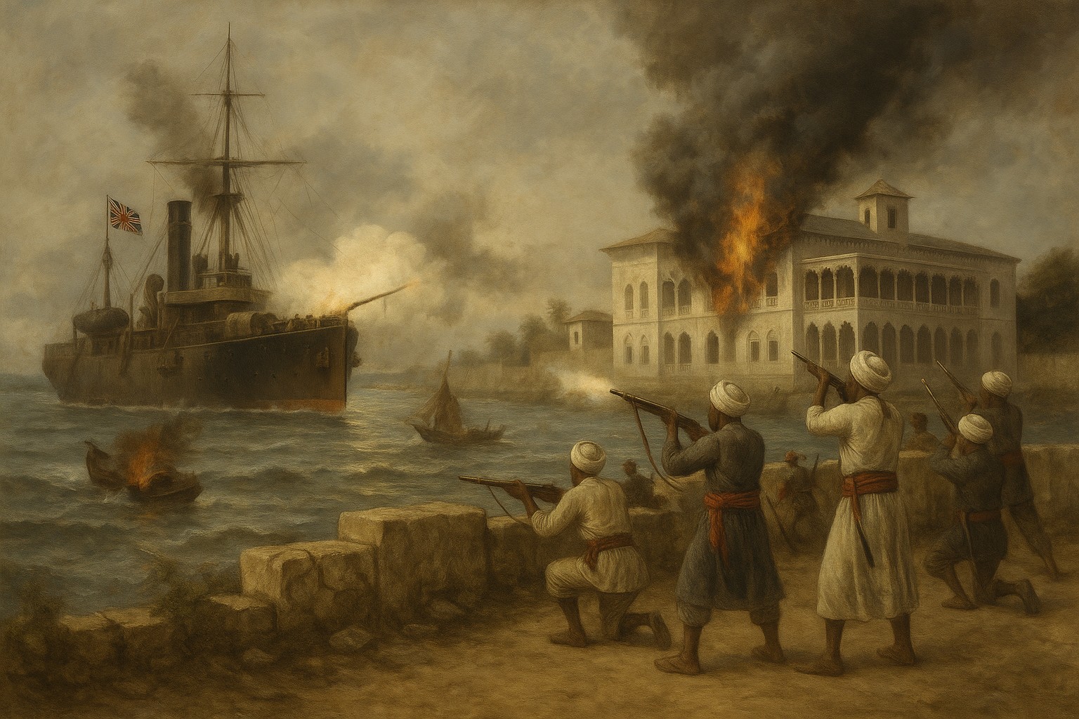 Historisches Ölgemälde zeigt den britischen Angriff auf den Sultanpalast von Sansibar im Jahr 1896, mit brennendem Gebäude und Schüssen über das Meer.
