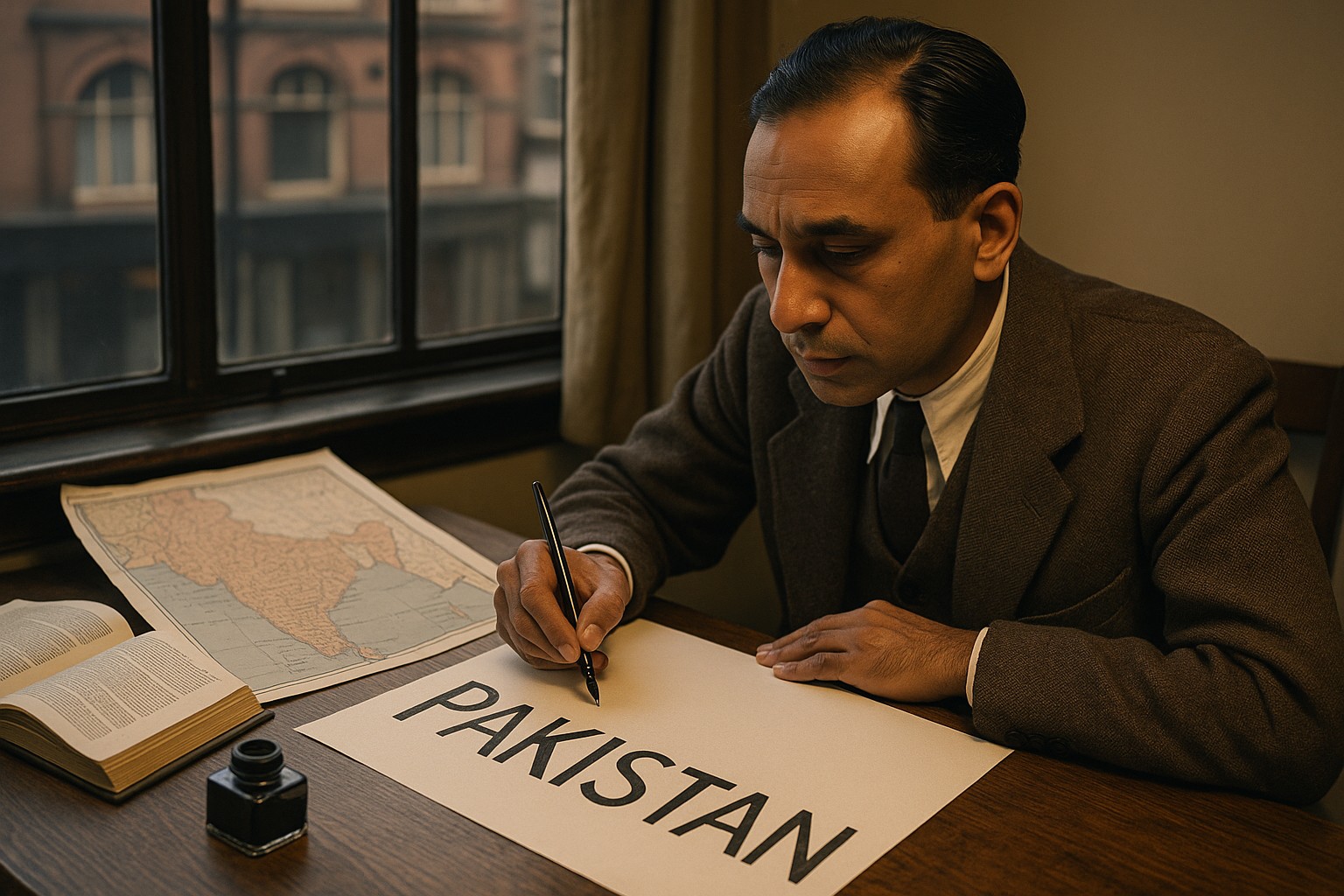 Ein historisches Farbfoto zeigt einen südasiatischen Mann, der das Wort „PAKISTAN“ auf ein großes Blatt Papier schreibt. Er sitzt an einem Holzschreibtisch in einem Raum im Stil der 1930er-Jahre. Neben ihm liegt eine Karte des indischen Subkontinents, zwei aufgeschlagene Bücher und ein Tintenfass. Im Hintergrund ist durch das Fenster ein altes Backsteingebäude zu sehen.
