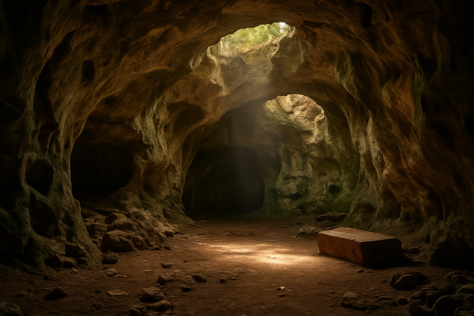 Eine geheimnisvolle Höhle auf Sansibar, durch deren Decke ein Sonnenstrahl auf den Boden fällt.
