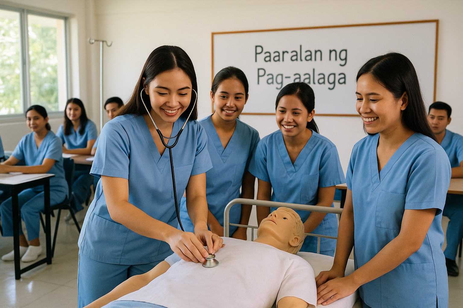 Filipinische Pflegestudierende, überwiegend junge Frauen in hellblauen Kitteln, üben eine Reanimation an einer Puppe in einem sonnendurchfluteten Klassenraum; auf dem Whiteboard steht auf Tagalog „Paaralan ng Pag-aalaga“.
