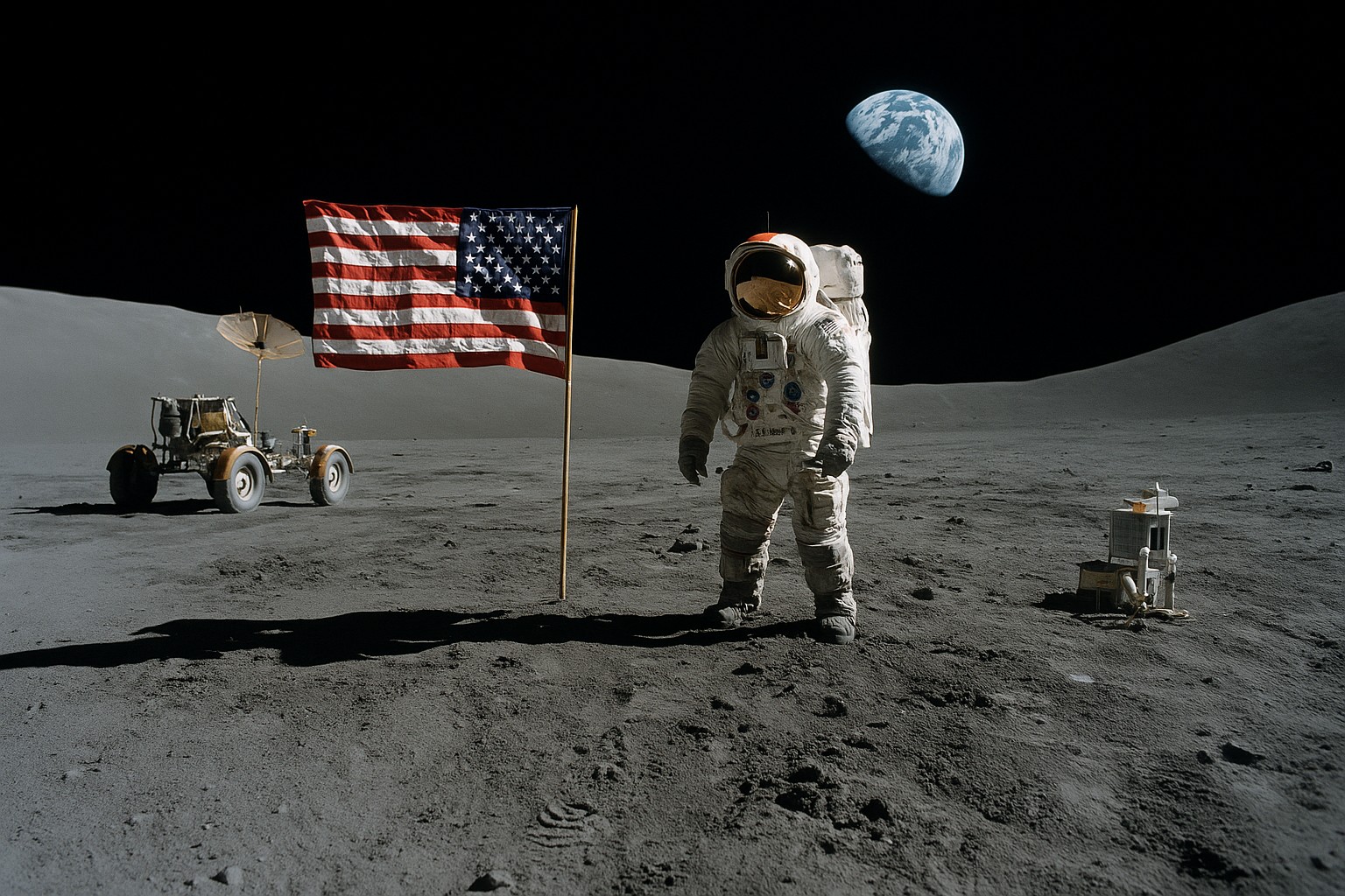 Ein Apollo-Astronaut steht neben der US-Flagge auf der Mondoberfläche, mit sichtbarem Fußabdruck im Mondstaub und der Erde im Hintergrund. Die Szene wirkt ikonisch, symbolisiert Stolz und technologische Überlegenheit.
