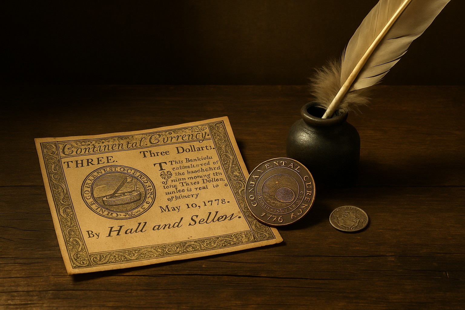 Historische Requisiten aus der Zeit des Amerikanischen Unabhängigkeitskriegs, darunter eine Continental-Währungsschein, Federn und alte Dokumente, symbolisieren die erste offizielle Währung der Vereinigten Staaten.
