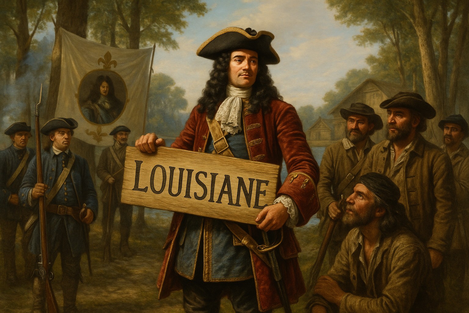Historisches Gemälde eines französischen Offiziers im Kolonialstil, der ein Schild mit der Aufschrift "LOUISIANE" hält. Umgeben von Soldaten, Siedlern und einem Waldhintergrund mit Hütten und Fluss.
