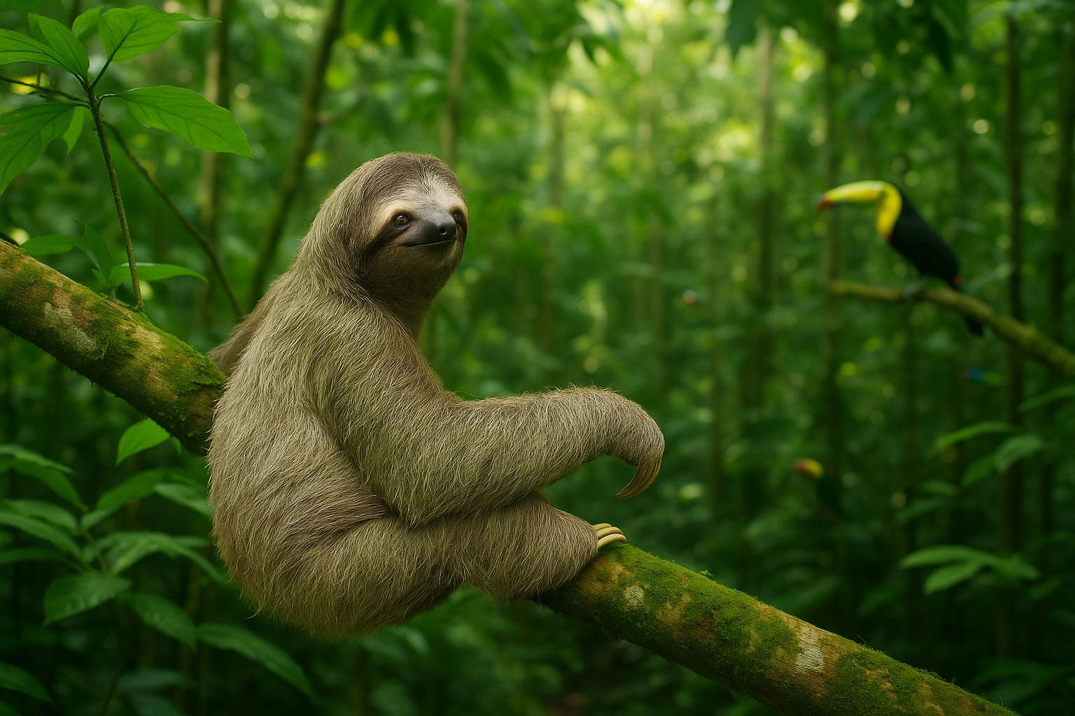 Ein Dreifingerfaultier hängt an einem moosbewachsenen Ast im üppigen Regenwald Costa Ricas, während im Hintergrund ein bunt gefiederter Kielschwans-Tukan sitzt.
