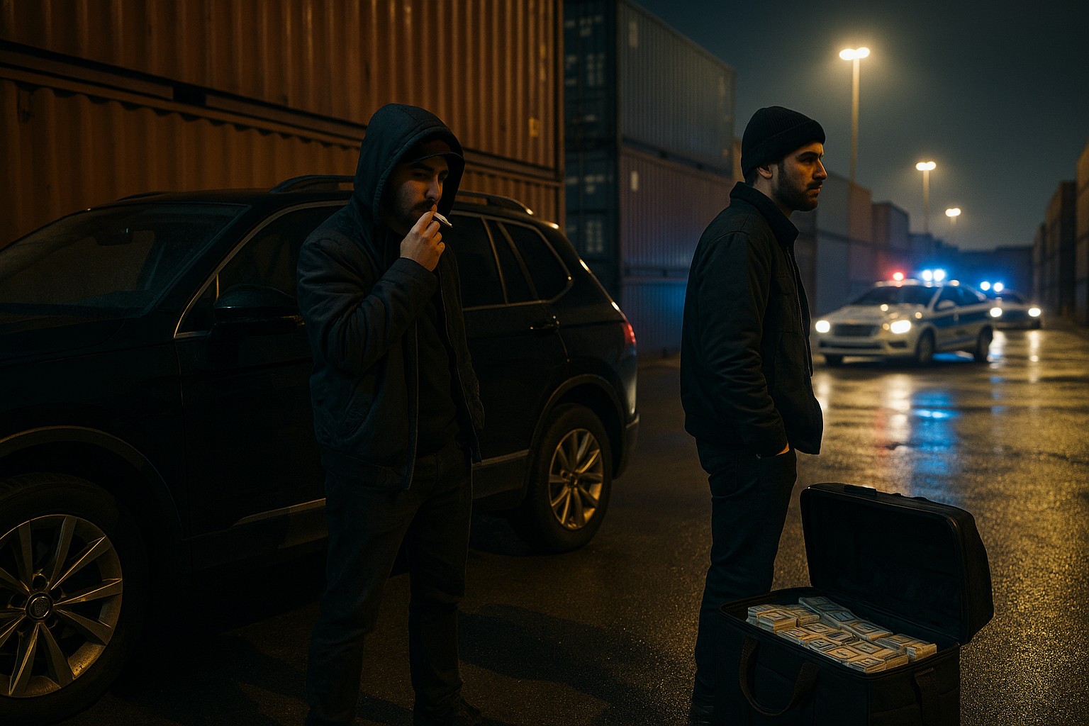 Zwei Männer mit nordafrikanischen Gesichtszügen stehen nachts in einem Containerhafen. Einer raucht neben einem SUV, der andere beobachtet Polizeiautos in der Ferne, während ein offener Beutel voller Geldbündel auf dem nassen Asphalt liegt.
