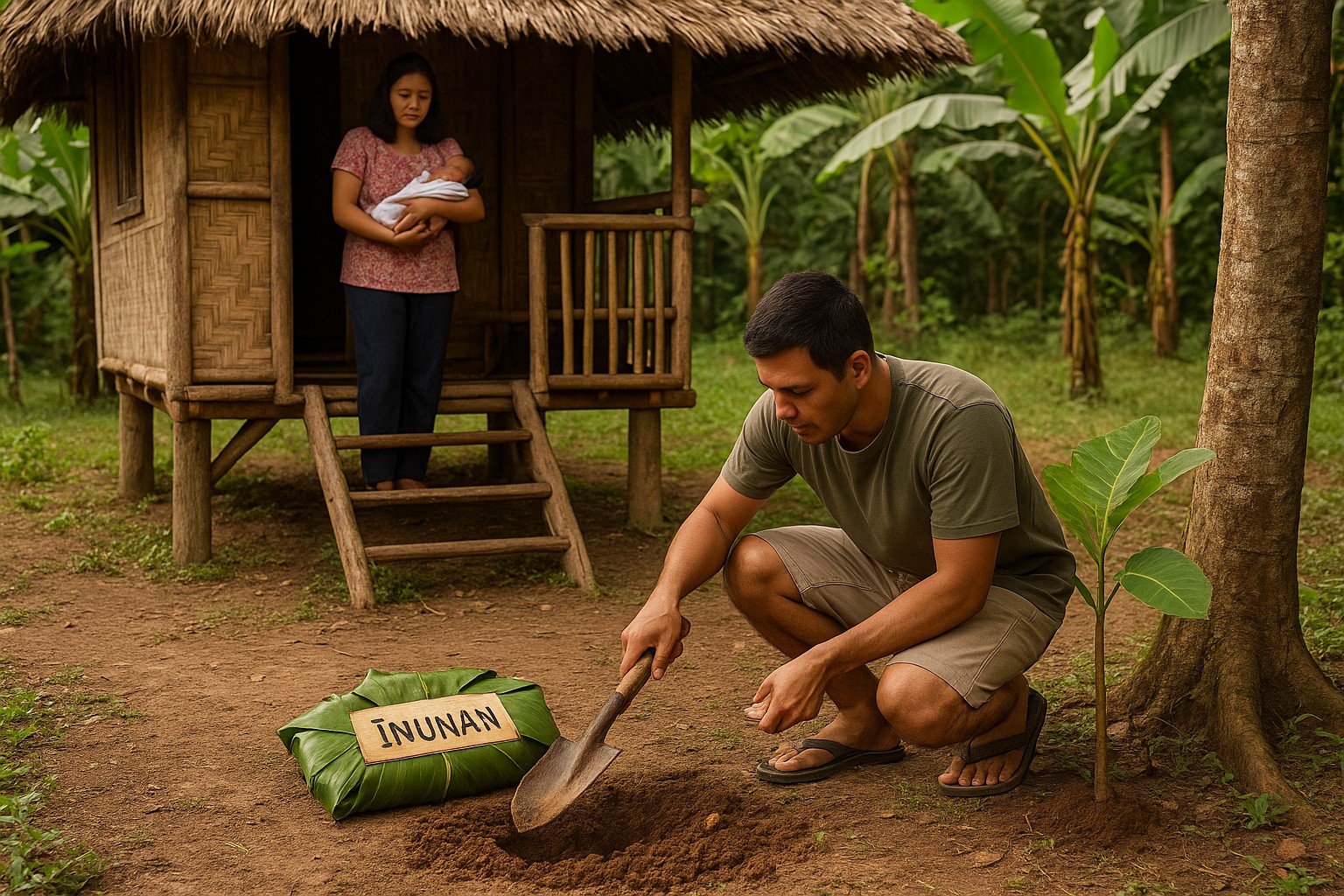 Philippinischer Vater vergräbt eine in Bananenblätter gewickelte Plazenta mit Tagalog-Beschriftung „Inunan“ neben einem jungen Baum vor einem traditionellen Bahay-Kubo; Mutter hält das Neugeborene auf der Holzveranda, Bananenstauden bilden den Hintergrund.
