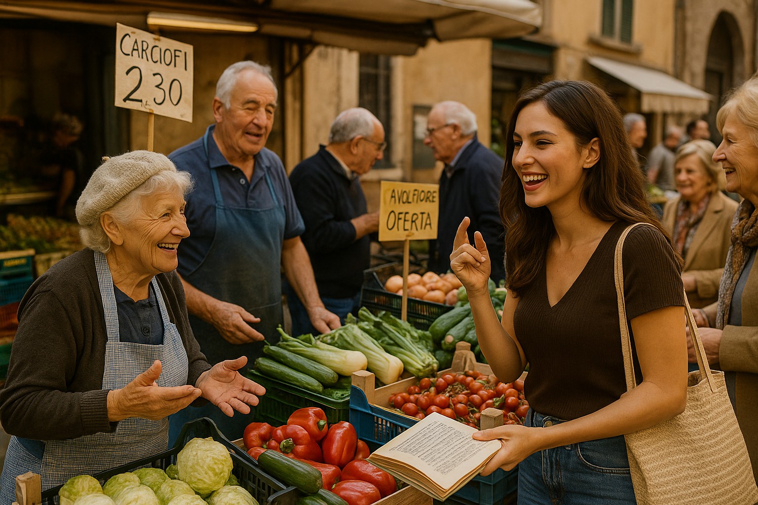 Italienischer Wochenmarkt mit lachenden Menschen und regionalen Produkten – Dialekte überall hörbar.
