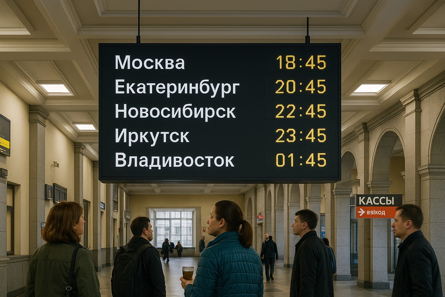 Eine elektronische Anzeigetafel in einer russischen Bahnhofshalle zeigt verschiedene Städte mit jeweils unterschiedlichen lokalen Uhrzeiten, während Passanten interessiert nach oben blicken.
