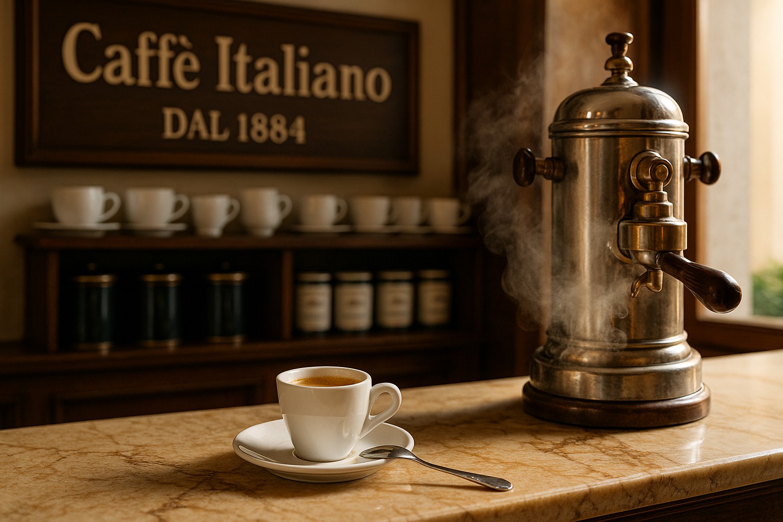 Espressotasse und klassische Espressomaschine in einem italienischen Café mit dem Schild „Caffè Italiano – Dal 1884“ im Hintergrund.
