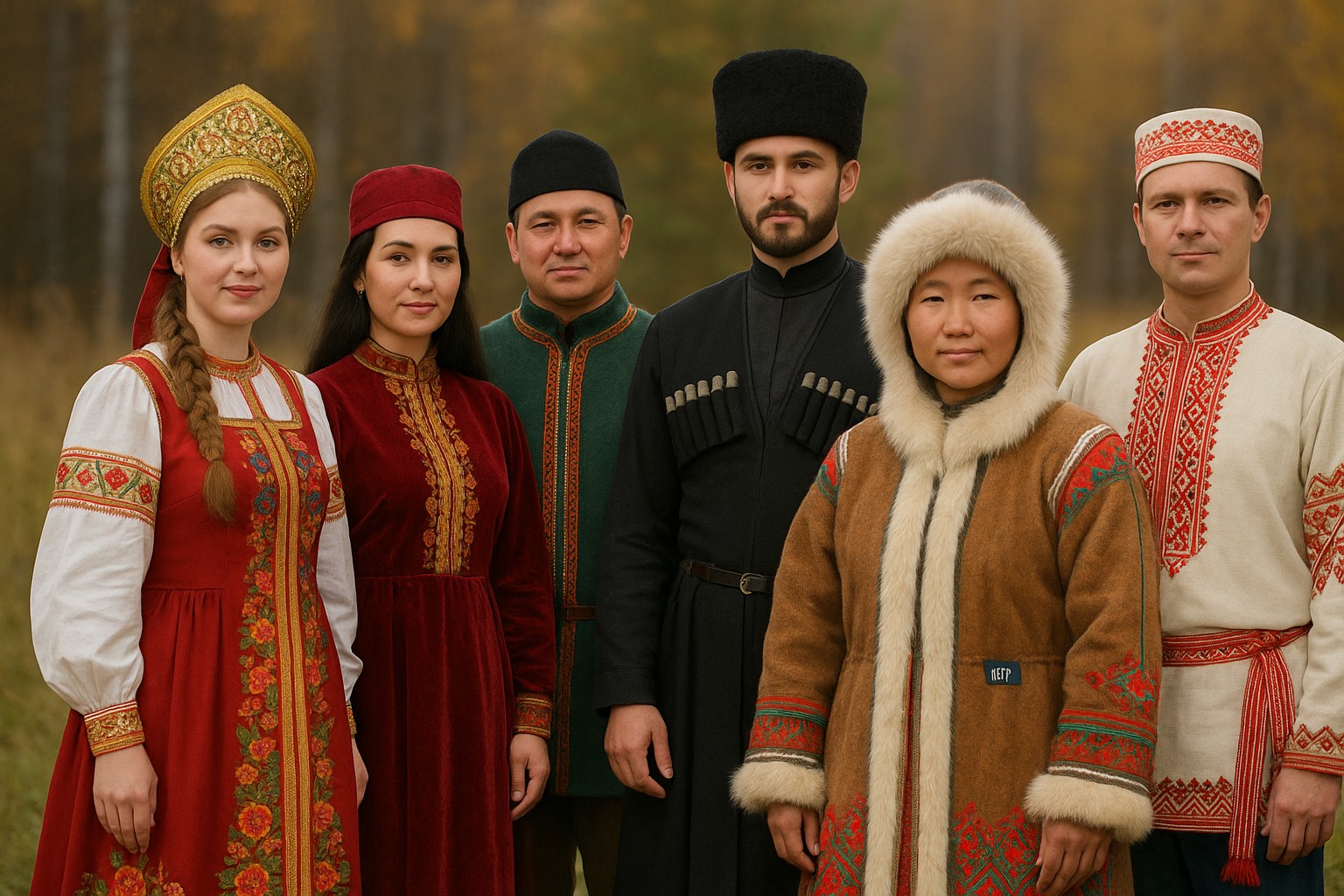 Eine Fotografie zeigt sechs Personen unterschiedlicher ethnischer Herkunft in Russland, die traditionelle Kleidung tragen und vor einem herbstlichen Waldhintergrund stehen.
