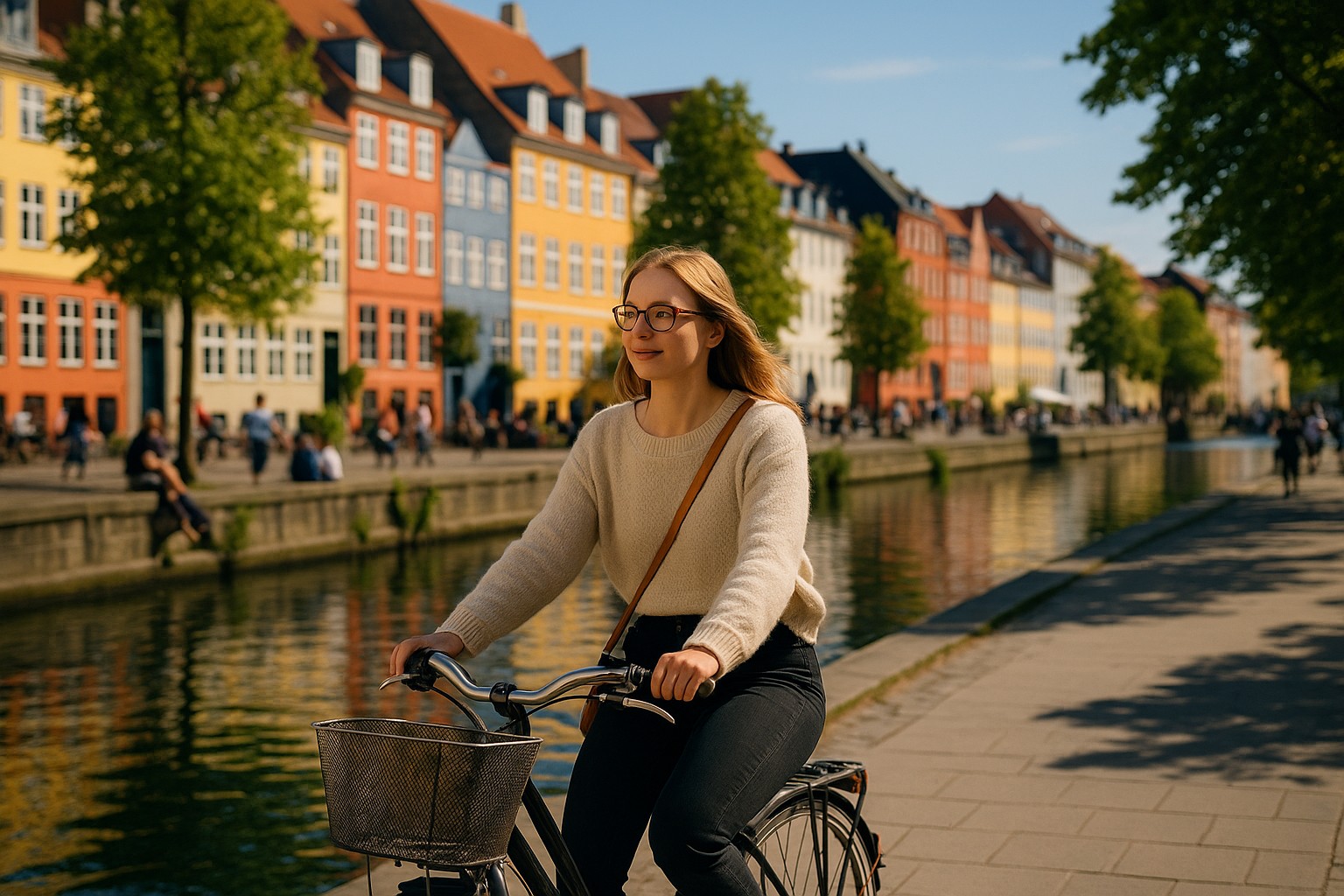 Eine junge Frau fährt mit dem Fahrrad am sonnigen Kanal von Nyhavn in Kopenhagen entlang. Im Hintergrund spiegeln sich bunte, historische Gebäude im Wasser, während Passanten am Ufer entspannen.
